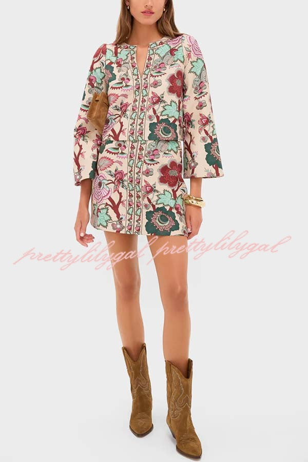 Autumn Garden Printed V-neck Long Bell Sleeve Top and Mid Rise Skirt Set