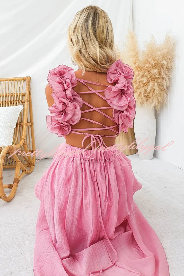 Luxe Lady Floral Ruffle Detail Back Lace-up Elastic Waist Maxi Dress Luxe Lady Floral Ruffle Detail Back Lace-up Elastic Waist Maxi Dress