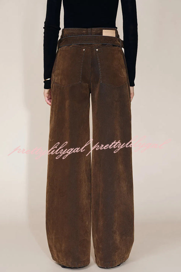 Taylor Denim Mid Rise Detachable Belt Flocked Pocket Wide Leg Jeans