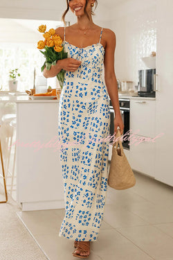 Starry Floral Print Lace Up Pleated Patchwork Zip Back Maxi Dress