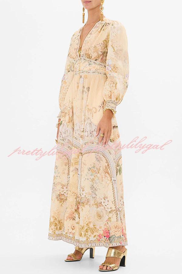 Fairy Tale Print V-Neck Lantern Sleeve Waist Maxi Dress