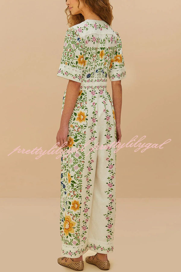 Natural Charm Linen Blend Floral  Print Short Sleeve Pocketed Wide Leg Jumpsuit