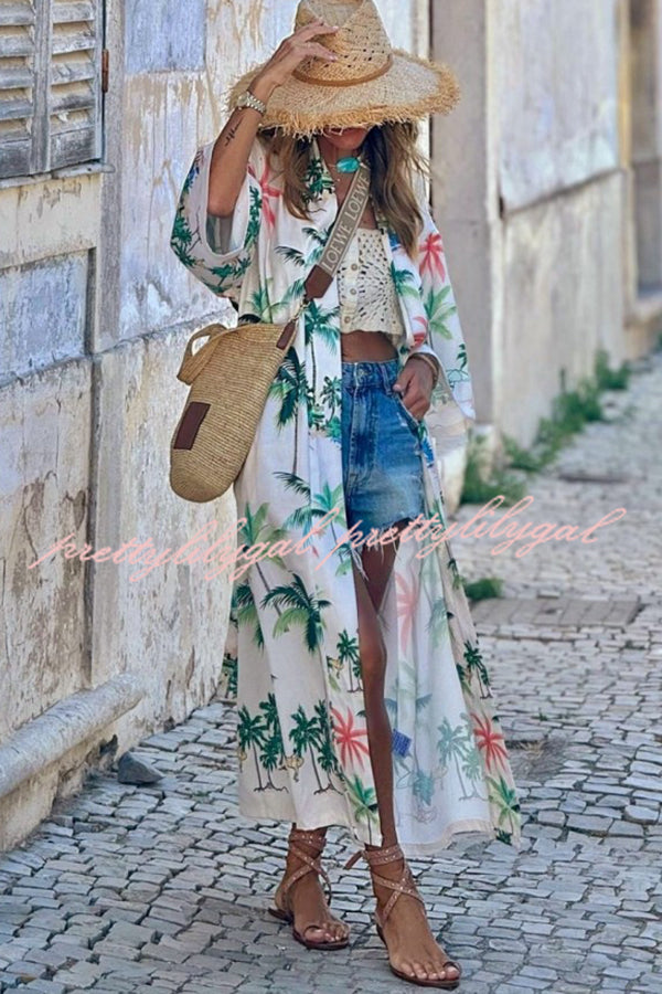 Resort Style Botanical Print Tie-waist Long Cover-up