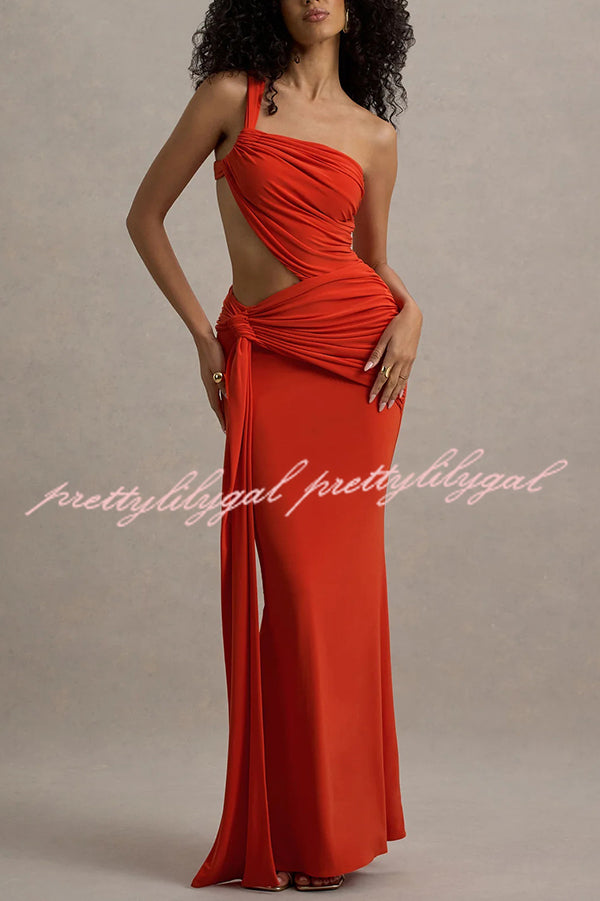 Sexy One-shoulder Backless Ribbon Pleated Slim Maxi Dress