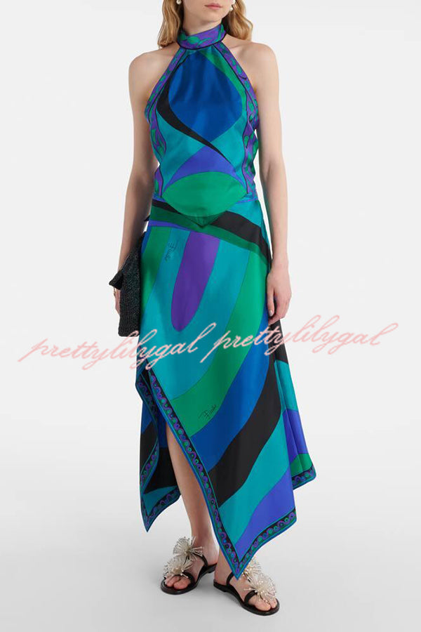 Gabbie Satin Unique Print Halter Scarf Tank and Asymmetrical Maxi Skirt Set