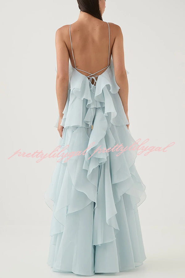 Free - Flowing Rose Detail Tiered Ruffles Halter A-line Maxi Dress