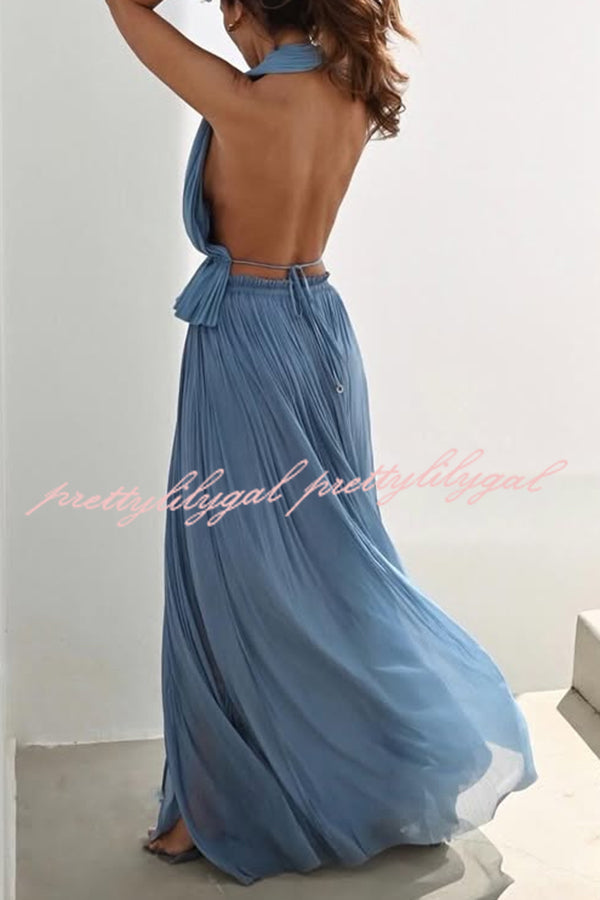 Pure Lightness Chiffon Pleated Halter Backless Top and Elastic Waist A-line Maxi Skirt Set