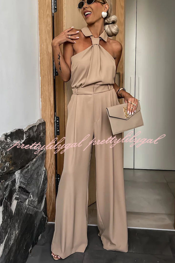 Fashionable Unique Look Halter Shirt Collar Pocketed Wide Leg Jumpsuit