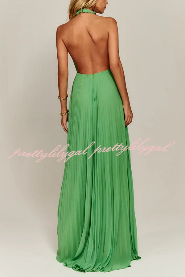 Gabie Chiffon Pleated Braided Halter Neck Backless A-line Maxi Dress