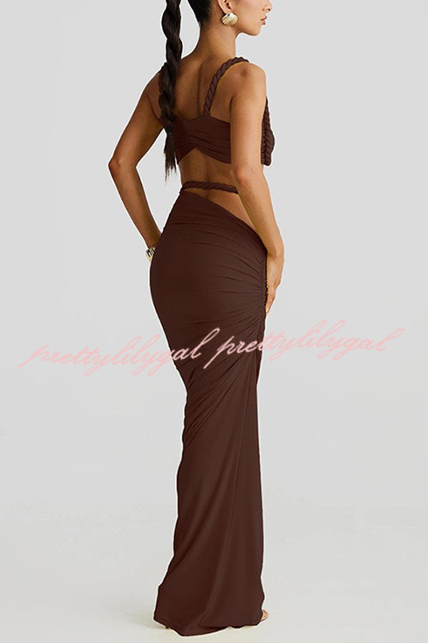 Sexy Halter Back Braided Suspender Top and Beach Holiday Style Hip-wrapped Maxi Skirt Set