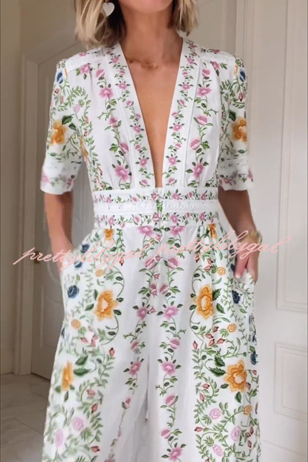 Natural Charm Linen Blend Floral  Print Short Sleeve Pocketed Wide Leg Jumpsuit