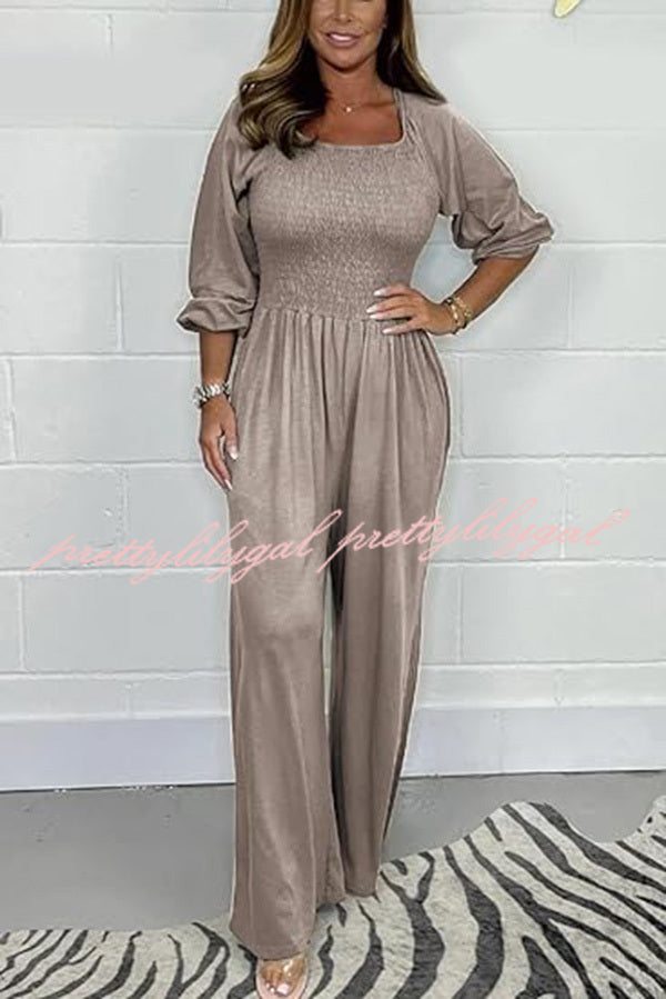 Casual and Comfortable Smocked Solid Color Wide Leg Jumpsuit