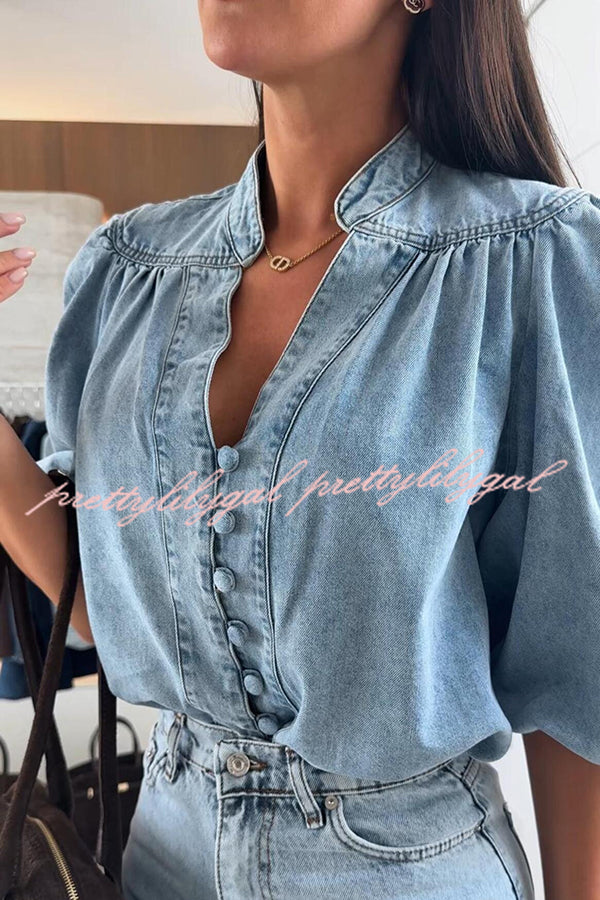 Fashion V-neck Button-down Lantern Sleeve Casual Denim Shirt