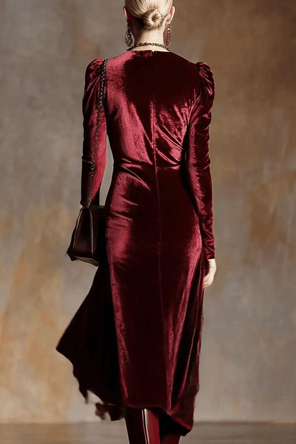 Elegant Velvet Long-sleeved Pleated Button Midi Dress