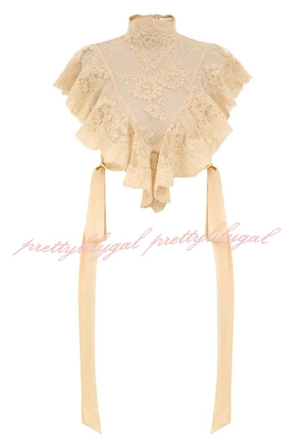 Salenia Lace Appliqué High Neck Side Tie-up Ruffle Cropped Top