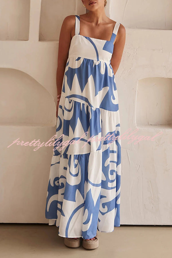 Bohemian Style Geometric Print Back Smocked Loose Maxi Dress