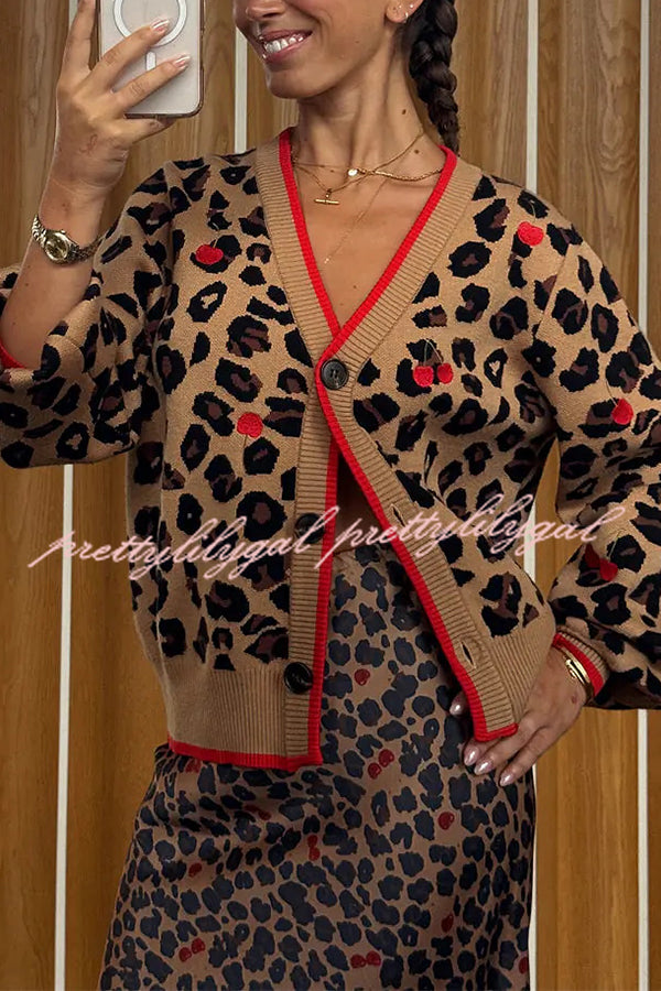Perfect for Winter Leopard Cherry Print Knitted Button Long Sleeve Loose Cardigan