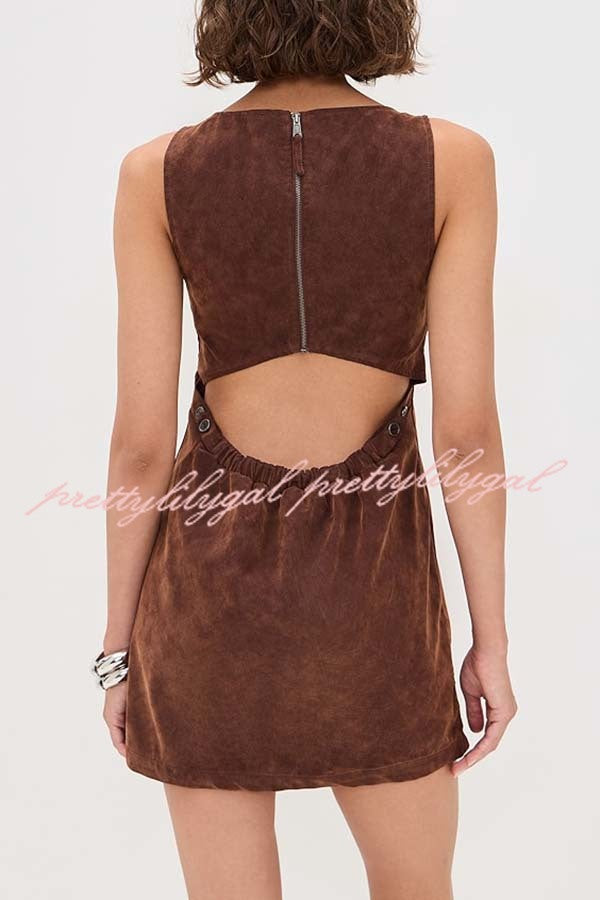Atlas Faux Suede Open Back Button Accents Zipper Mini Dress