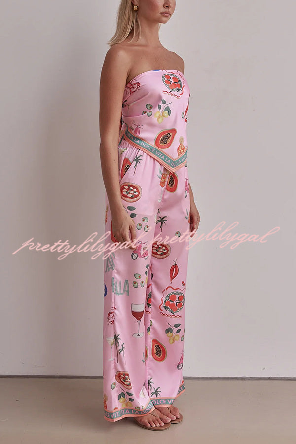 Linen Blend Unique Printed Bandeau Top and Elastic Waist Pocket Pants Set