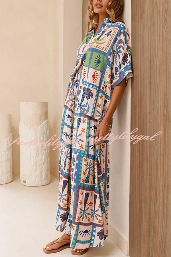 Unique Print Lapel Short Sleeve Loose Shirt and Elastic Waist Casual Pocket Wide Leg Pants Set