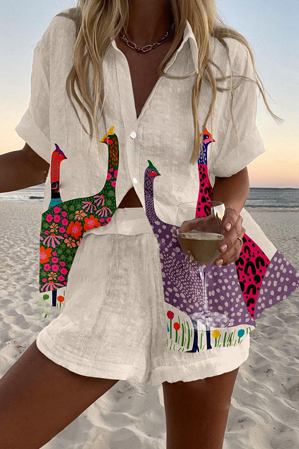 Colorful Bird Print Loose Button Elastic Waist Shorts Set