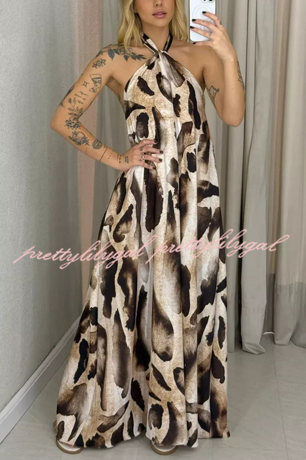 Leopard Print Sexy Halter Neck Backless Loose Maxi Dress