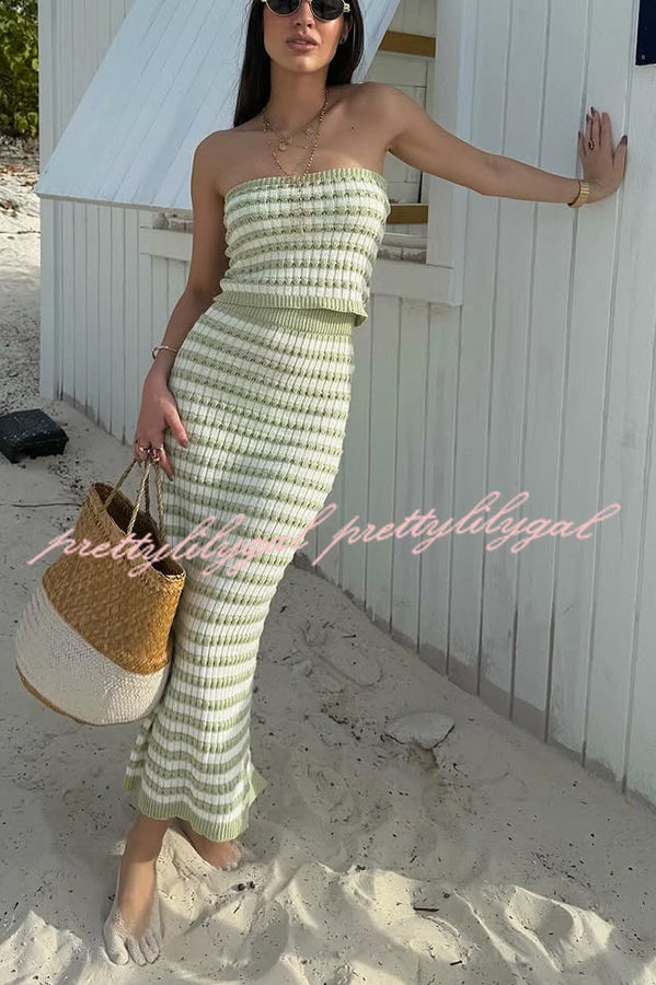 Bahamas Beach Knit Colorblock Stripes Bandeau Top and High Rise Stretch Maxi Skirt Set