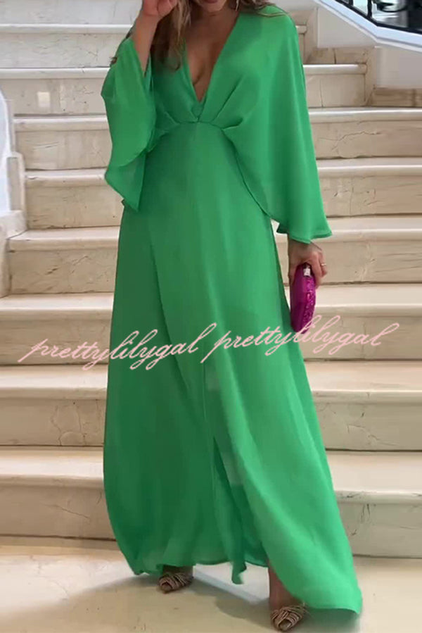 Solid Color V Neck High Waist Slit Casual Maxi Dress