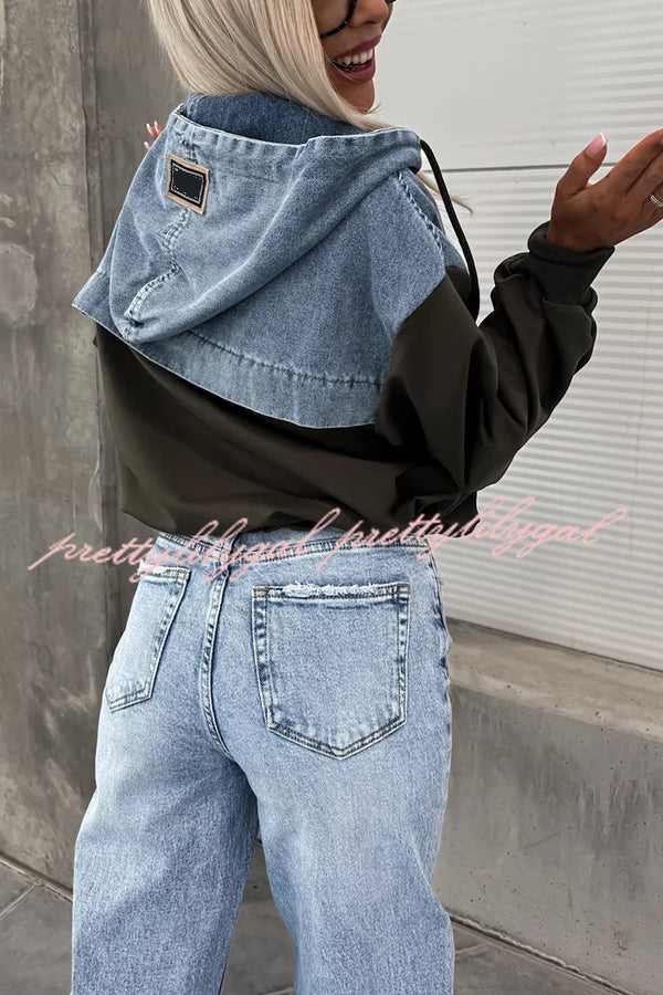 All The Time Denim Patchwork Soft Fabric Kangaroo Pocket Loose Hoodie