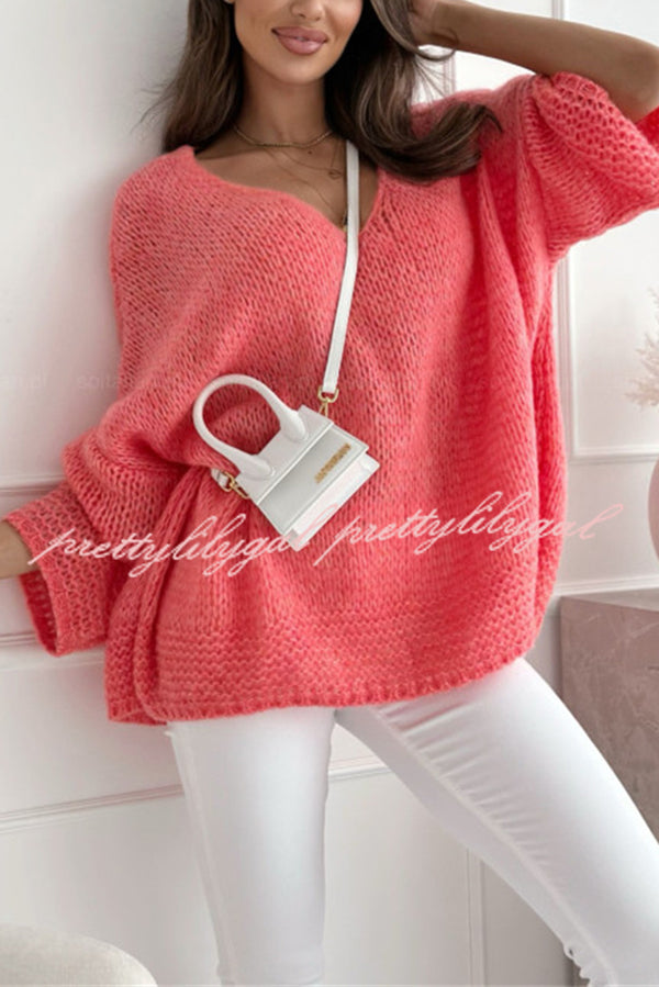 Solid Color Loose V-neck Casual Knitted Sweater