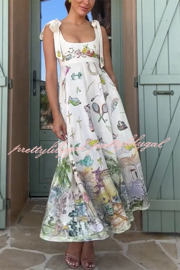Euro Summer View Linen Blend Unique Print Tie-up Straps Pocket Midi Dress