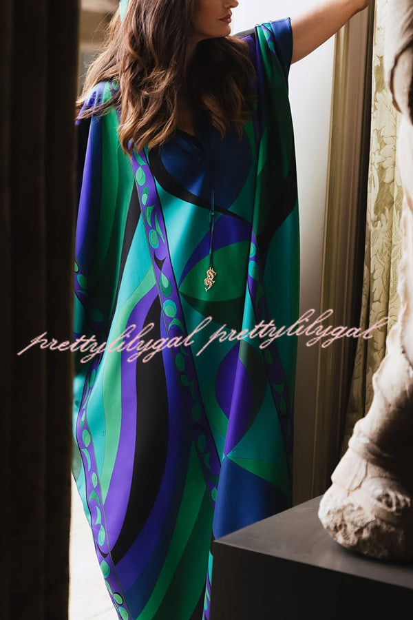 Holiday Choice Satin Unique Print Drape Wide Sleeve Loose Kaftan Maxi Dress