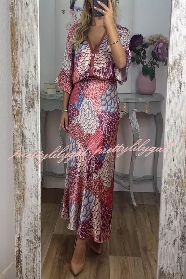 Satin Floral Print V-neck Half-sleeve Loose Top and Elegant Maxi Skirt Set