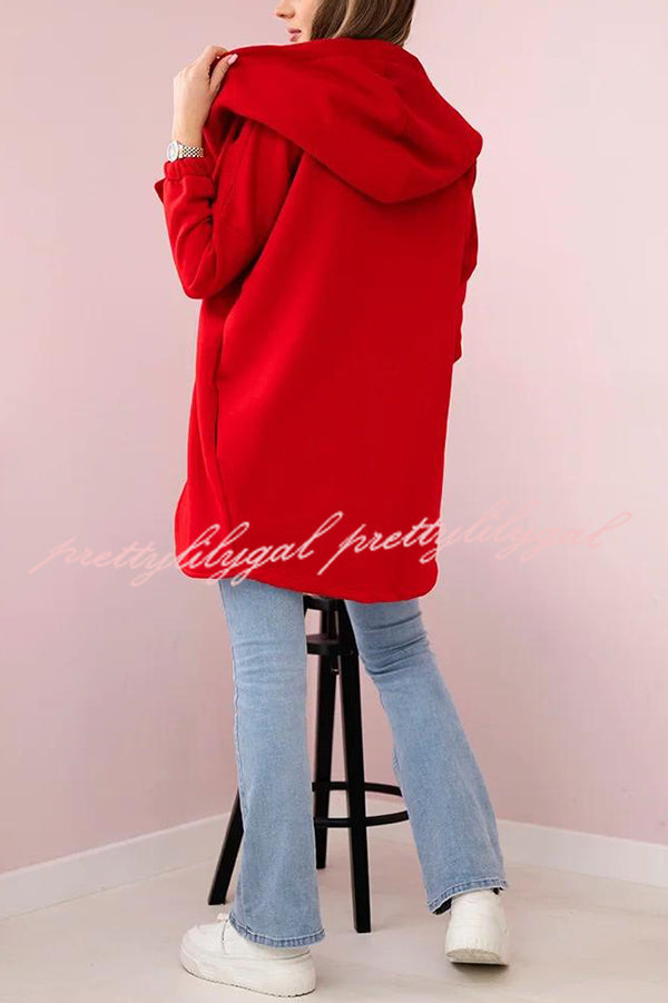 Solid Color Loose Hooded Zip-up Casual Sports Jacket