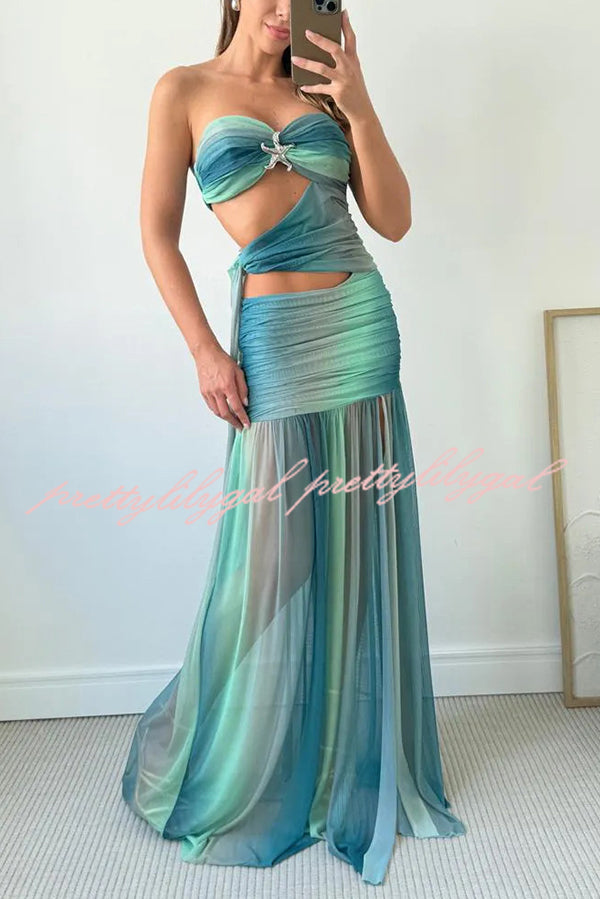 Soleil Mesh Printed Starfish Pendant Ruched Cutout Off Shoulder Maxi Dress
