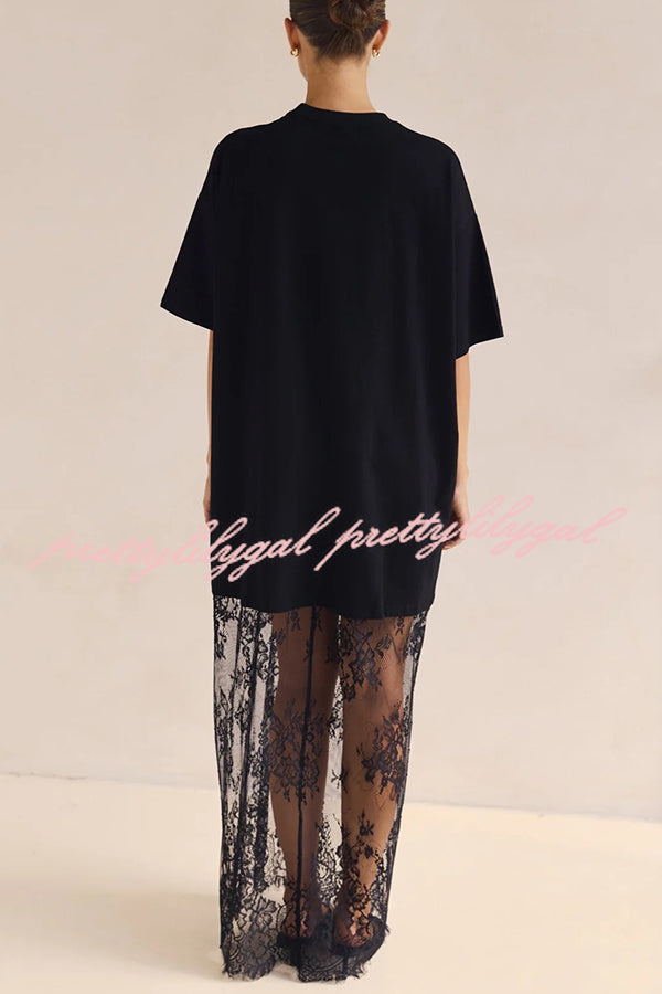Ophelia Short Sleeve Sheer Floral Lace Hem Oversized T-shirt Maxi Dress