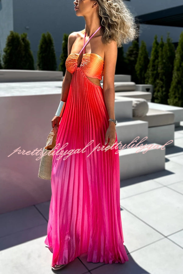 Get Ready Beautiful Gradient Print Cutout Halterneck Pleated Maxi Dress