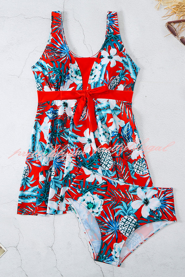 Cheerful Floral Print Bow Detail Tankini Swimsuit Set