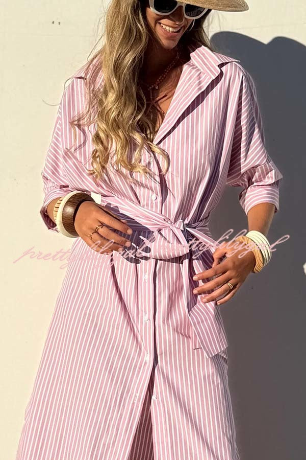 All-match Striped Button Up Half Sleeve Belted Pocket Shirt Midi Dress