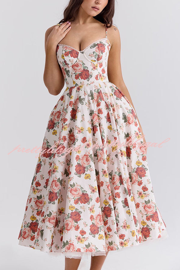 Fairy Tale Gorgeous Italian Rose Print Tulle Pocketed Slip Midi Dress