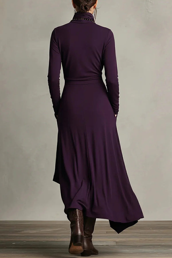 knee length dresses for ladies Solid Color High-Neck Long-Sleeved Irregular Casual Maxi Dress