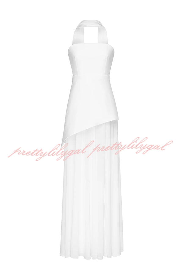 Monaco Off Shoulder Structured Top Chiffon Slit Hem Scarf Maxi Dress