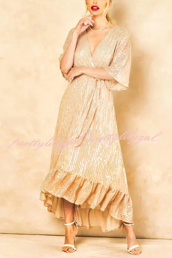 Solid Color Sequined V-neck Waist Tie Loose Maxi Dress