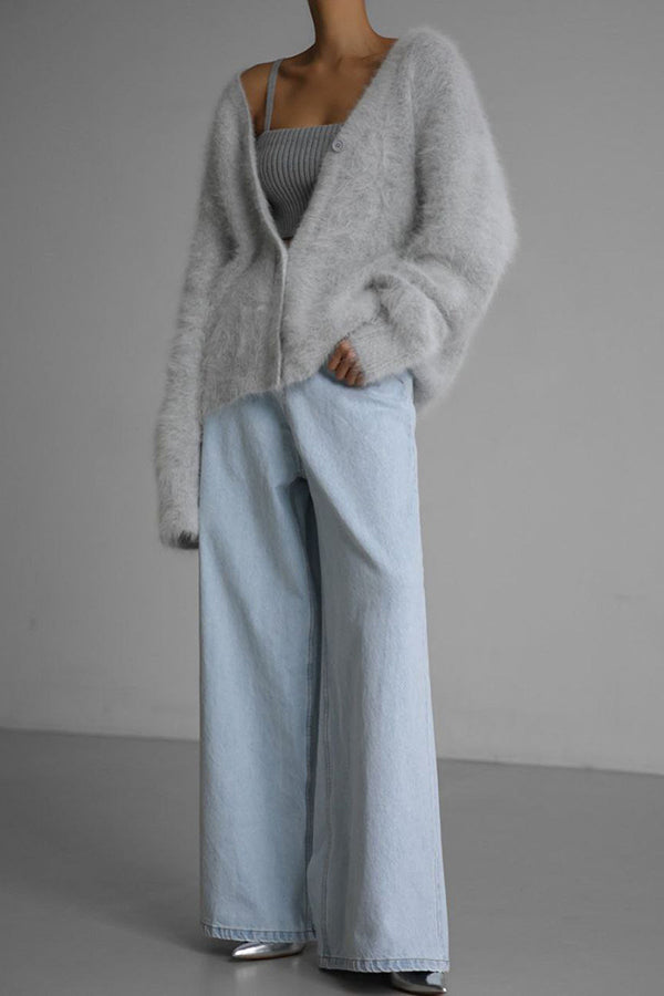 Solid Color Loose V-neck Long-sleeved Lazy Knitted Cardigan