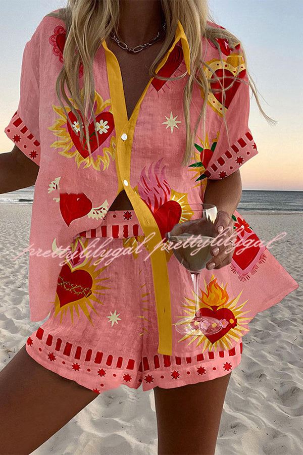 Beach Heart Print Loose Button Elastic Waist Shorts Set