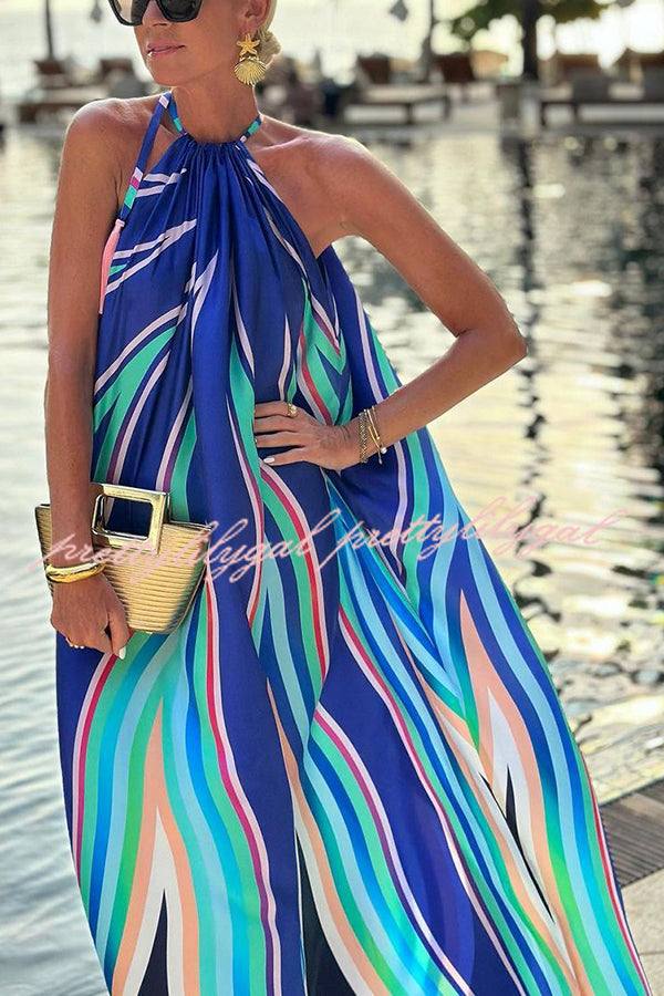 Phuket Dinner Colorful Wave Print Tassel Halter Maxi Dress