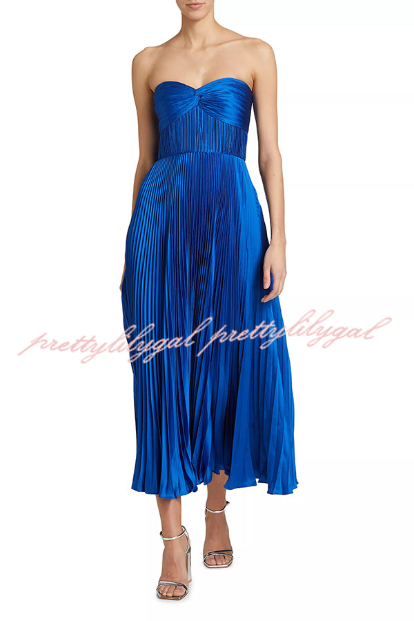 Love Note Satin Sweetheart Twist Off Shoulder Pleated Maxi Dress
