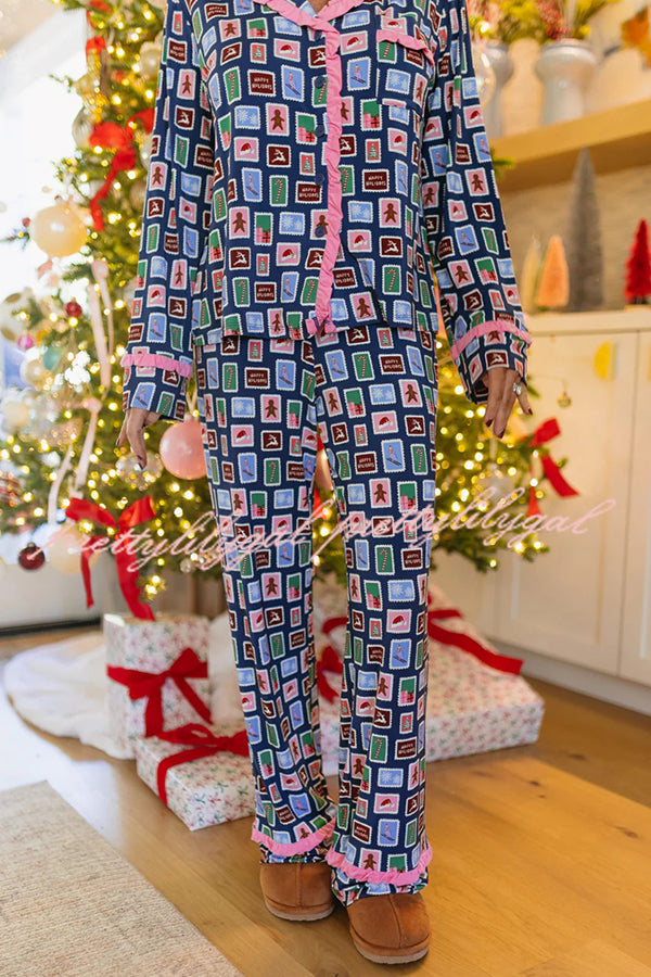 Postcards To Santa Unique Print Ruffles Trim Pocket Shirt and Elastic Waist Pajama Set