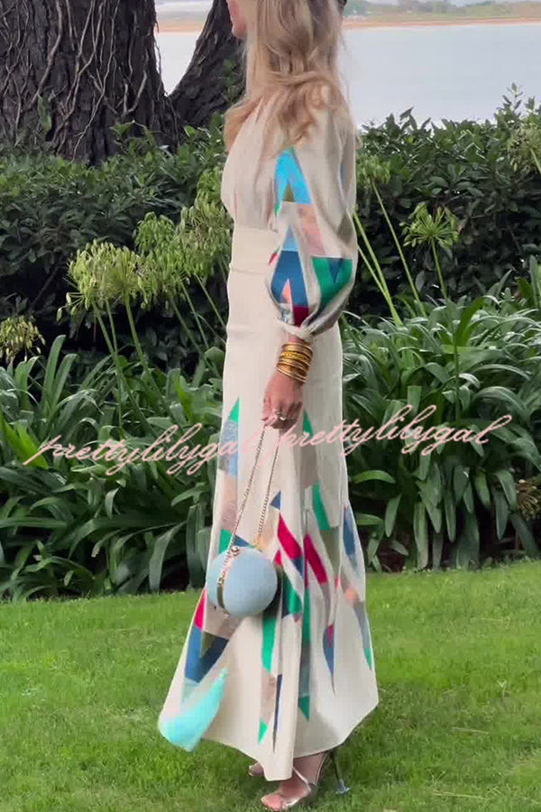 Highest Elegance Colorful Triangle Print Padded Shoulder Blouse and High Rise Maxi Skirt Set