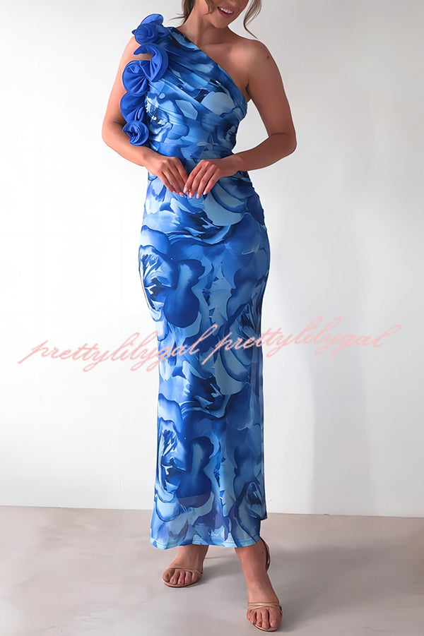 Floral Print Sleeveless 3D Flower One Shoulder Slim Maxi Dress